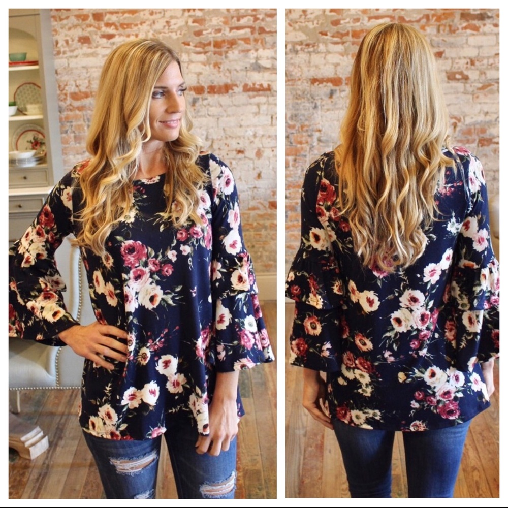 Navy Floral Ruffle Sleeve Tunic